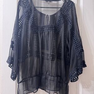 Black Rainn Sheer Crochet-Trim Peasant Blouse - Black